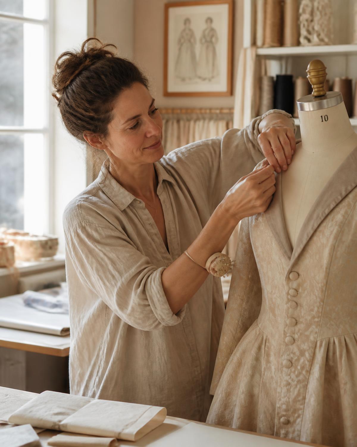 A MythenCraft maker fitting a jacquard bodice onto a dress form