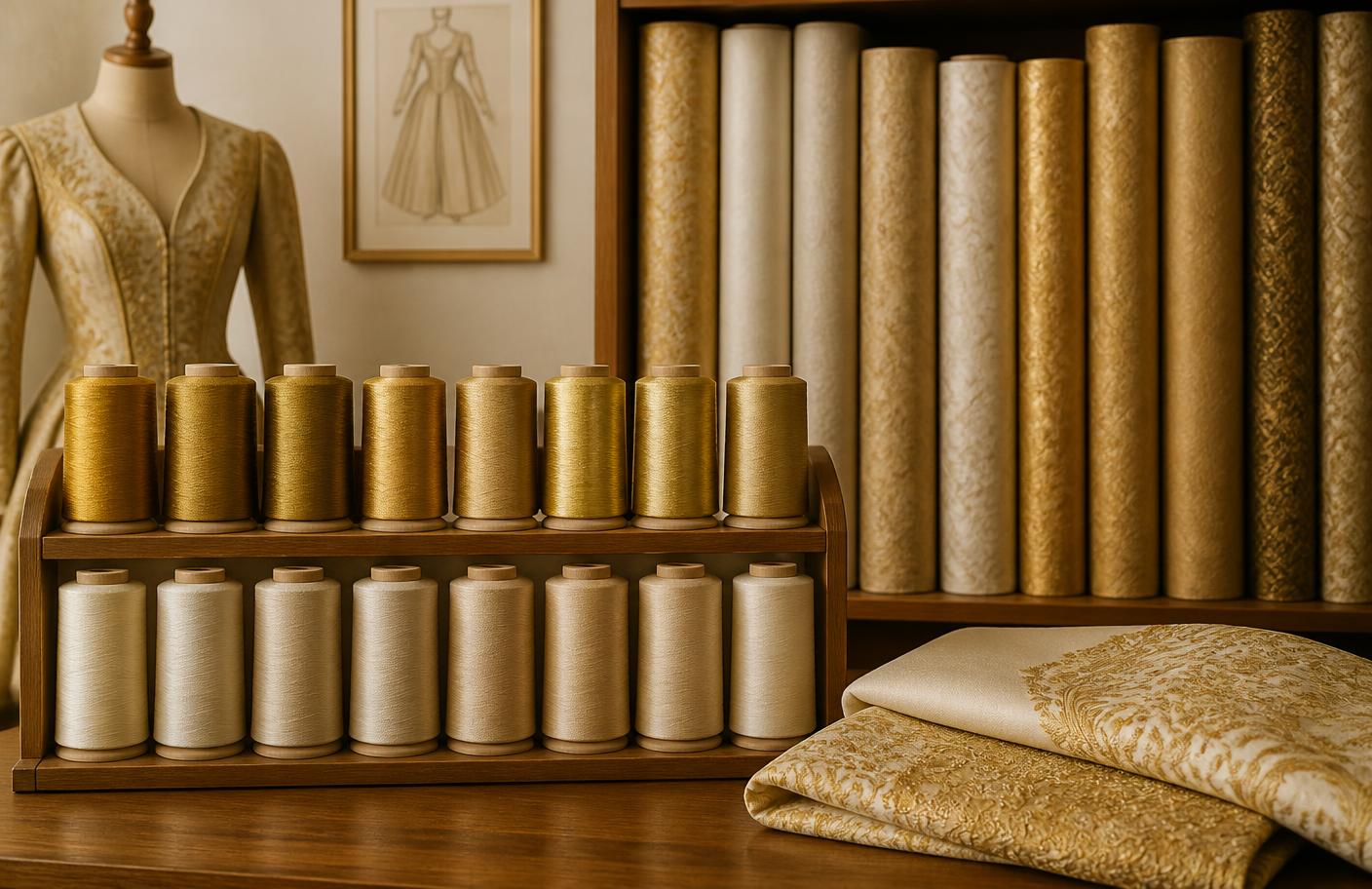 Racks of gold and cream thread beside bolts of fabric in the atelier