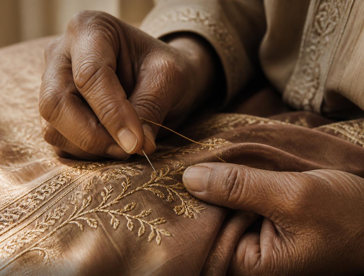 Artisan hand-stitching gold thread embroidery onto silk