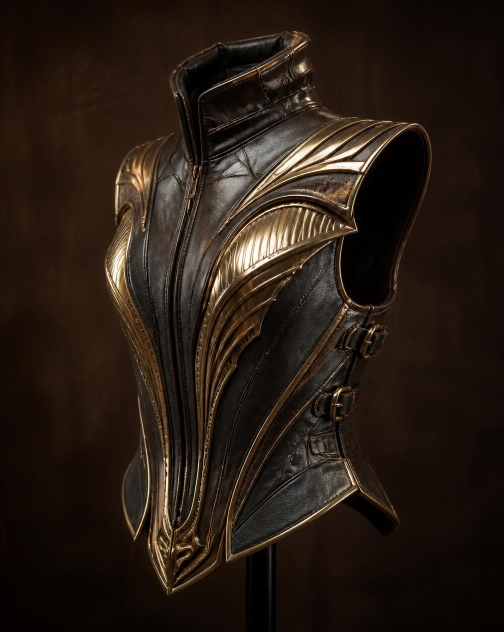 Sculpted leather and gold armour bodice for a futuristic stage production