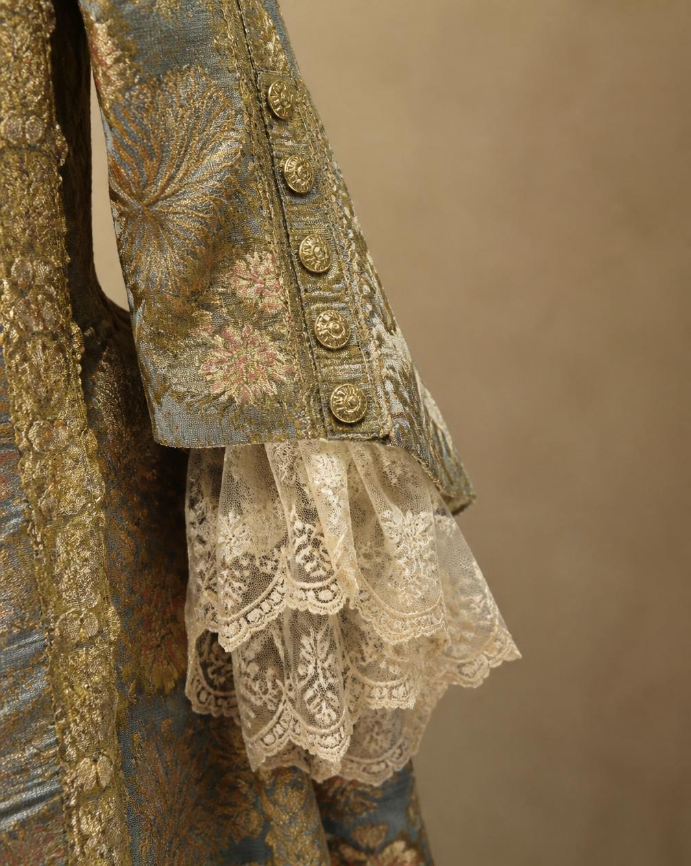 Brocade sleeve with lace cuff and brass buttons from a period costume