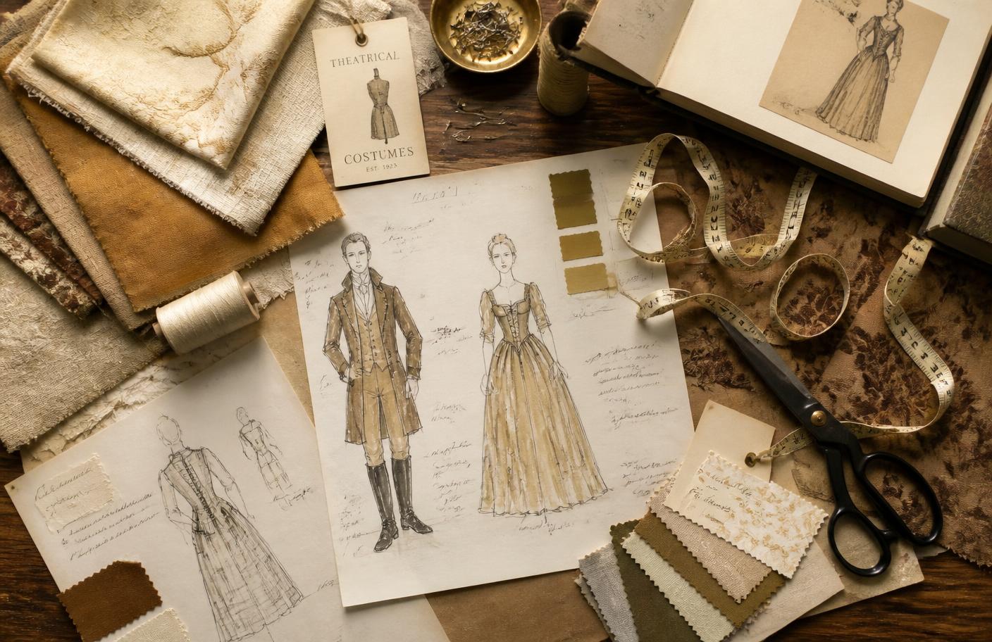 Costume sketches, fabric swatches and tailoring tools on a workbench