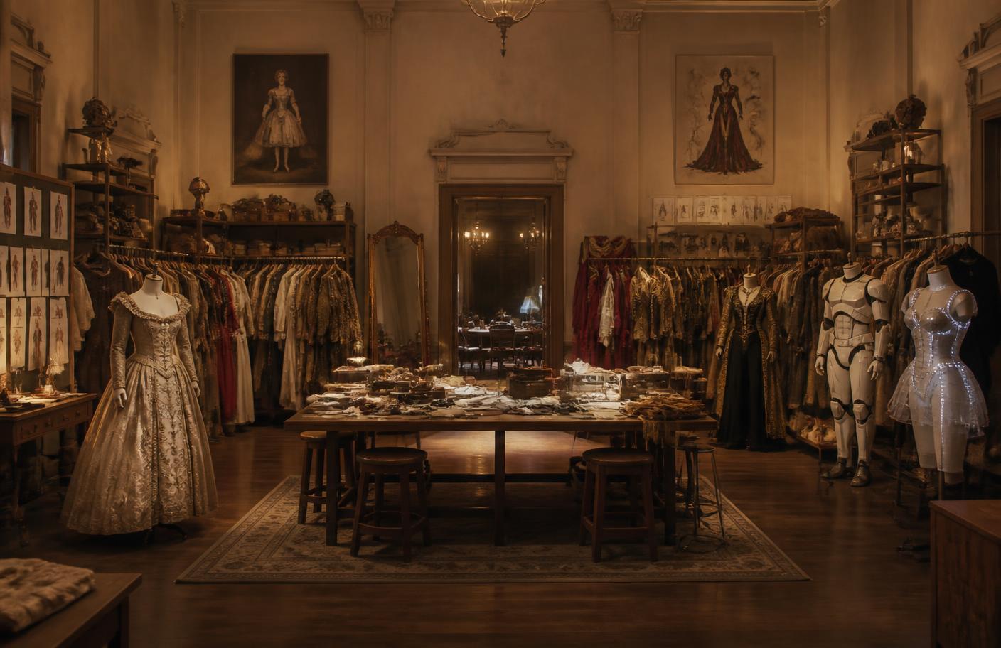 The MythenCraft workroom with costume racks, mannequins and a central cutting table